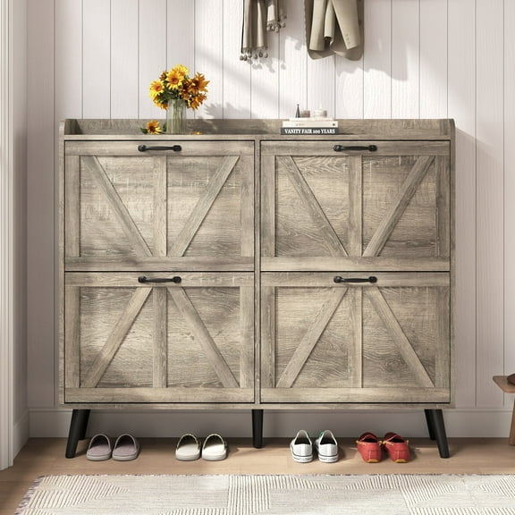 YouTrend Shoe Storage Cabinet with 4 Flip Drawers, Farmhouse Shoe Organizer for Entryway, Washed Gray