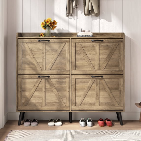 YouTrend Shoe Storage Cabinet with 4 Flip Drawers, Farmhouse Shoe Organizer for Entryway, Burlywood