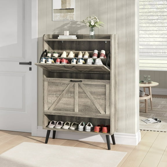YouTrend Shoe Storage Cabinet with 2 Flip Drawers, Farmhouse Shoe Organizer for Entryway, Washed Gray