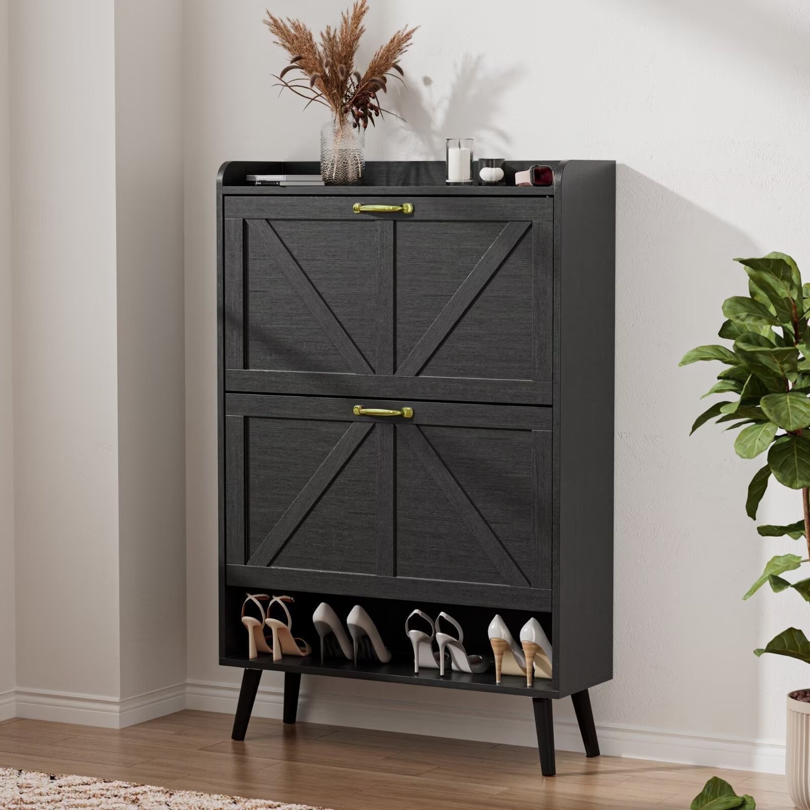 Black Wood Farmhouse Freestanding Shoe Storage Cabinet with Flip Drawers