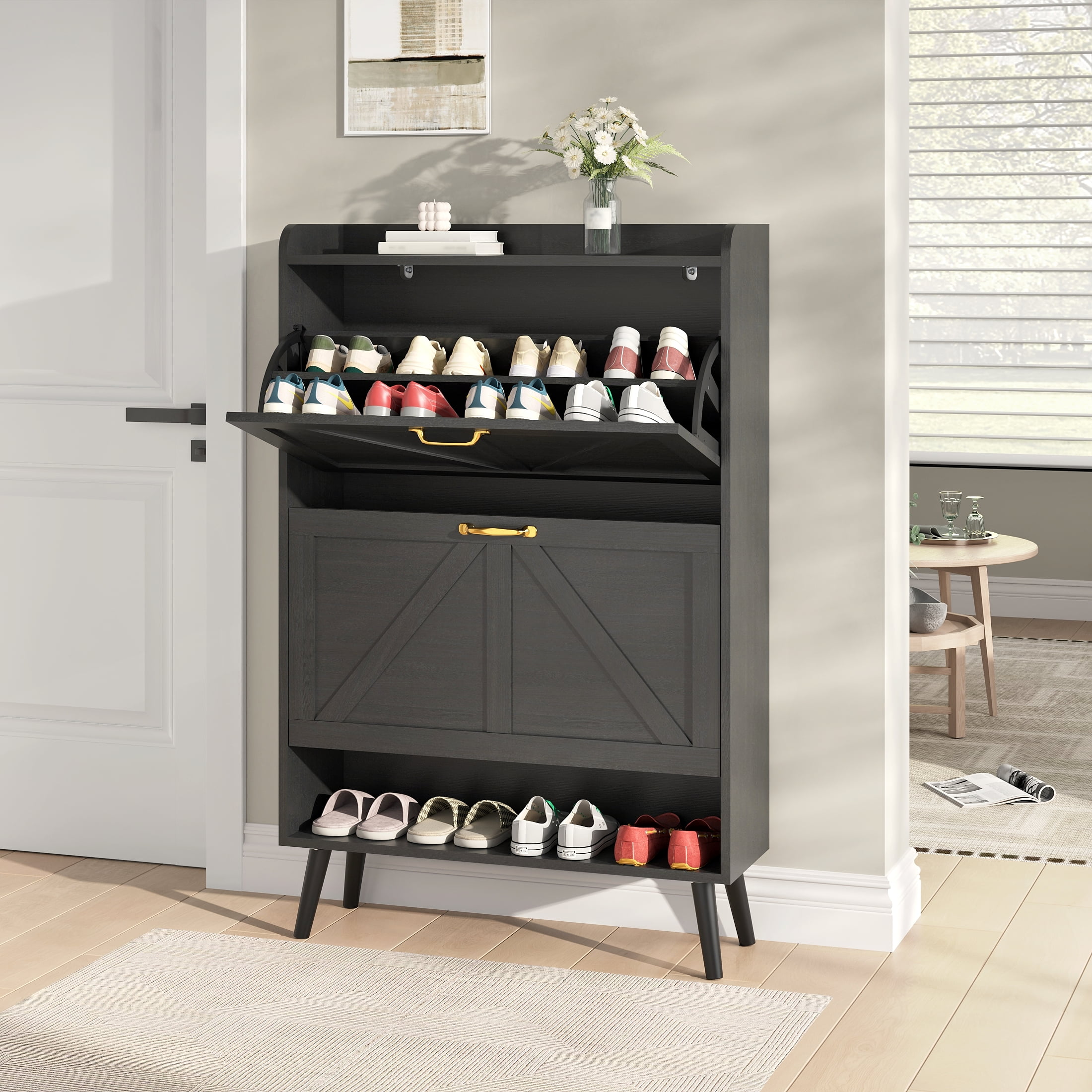 Black Wood Farmhouse Freestanding Shoe Storage Cabinet with Flip Drawers