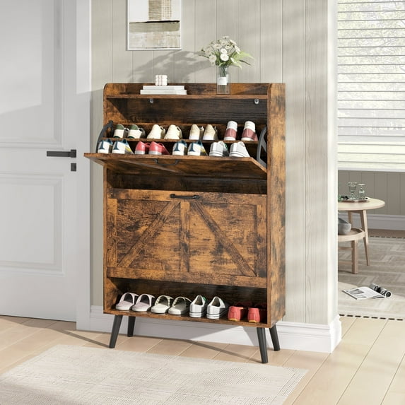 YouTrend Shoe Storage Cabinet with 2 Flip Drawers, Farmhouse Shoe Organizer for Entryway, Brown