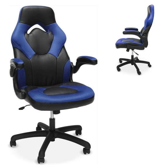 RESPAWN 3085 Ergonomic Gaming Chair for Adults, High Back Office Chair with Headrest and Flip Up Arms, Leather Racing Style Gaming Seat with Lumbar Support, Video Game Computer Desk Seat - Blue