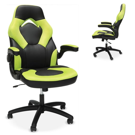 RESPAWN 3085 Ergonomic Gaming Chair for Adults, High Back Office Chair with Headrest and Flip Up Arms, Leather Racing Style Gaming Seat with Lumbar Support, Video Game Computer Desk Seat - Green