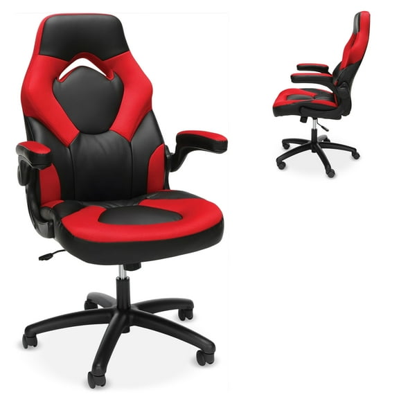 RESPAWN 3085 Ergonomic Gaming Chair for Adults, High Back Office Chair with Headrest and Flip Up Arms, Leather Racing Style Gaming Seat with Lumbar Support, Video Game Computer Desk Seat - Red