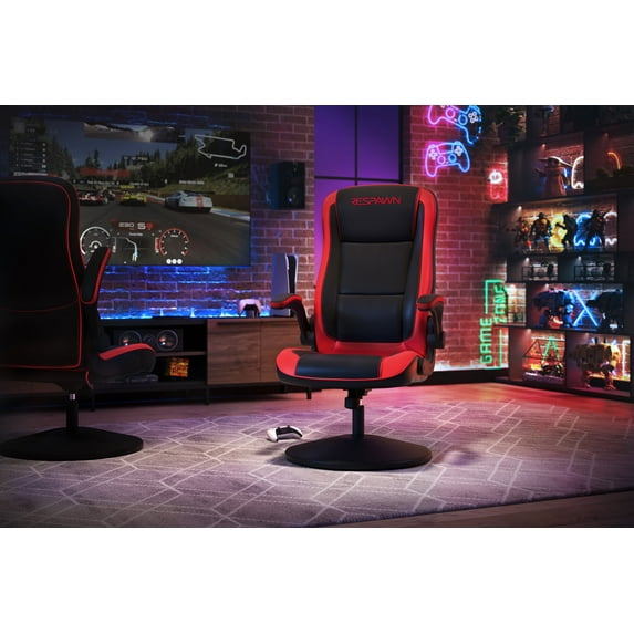 RESPAWN 800 Swivel Rocker Gaming Chair - Ergonomic Floor Gaming Seat with Lumbar Support, Flip Up Armrest, High Back, Pedestal Base, Comfortable No Wheels Console Video Game Rocker Chair - Red