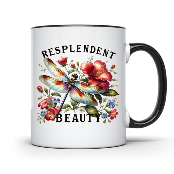 RESPLENDENT BEAUTY DRAGONFLY AND FLOWERS MUG COLORFUL COFFEE CUP WITH BLACK