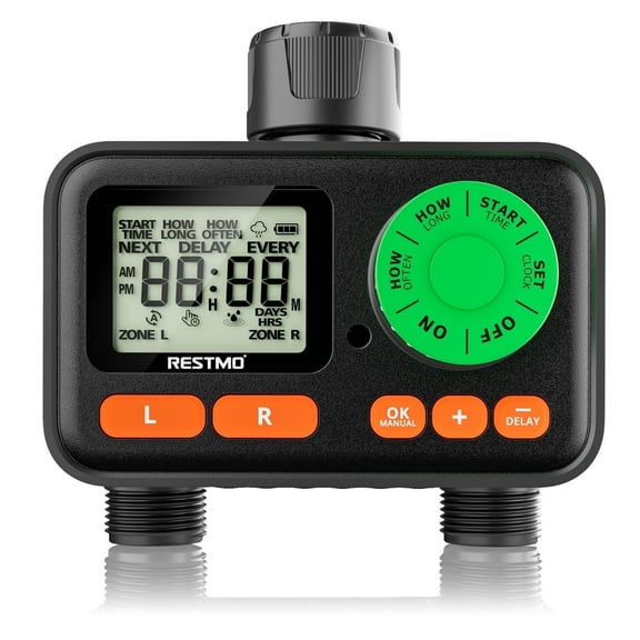 RESTMO 2 Zone Sprinkler Timer, Programmable Water Timer for Garden Hose, Automatic Digital Control | Manual ON/Off | Rain Delay for Outdoor Faucet, Drip Irrigation and Lawn Watering System
