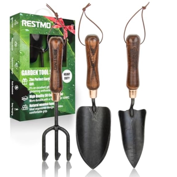 RESTMO 3-in-1 Heavy Duty Gardening Tools Kit Premium Carbon Steel Garden Hand Tools with Ergonomic Wooden Handle Includes Trowel Transplanter and Cultivator Ideal Gardening Gifts for Gardener