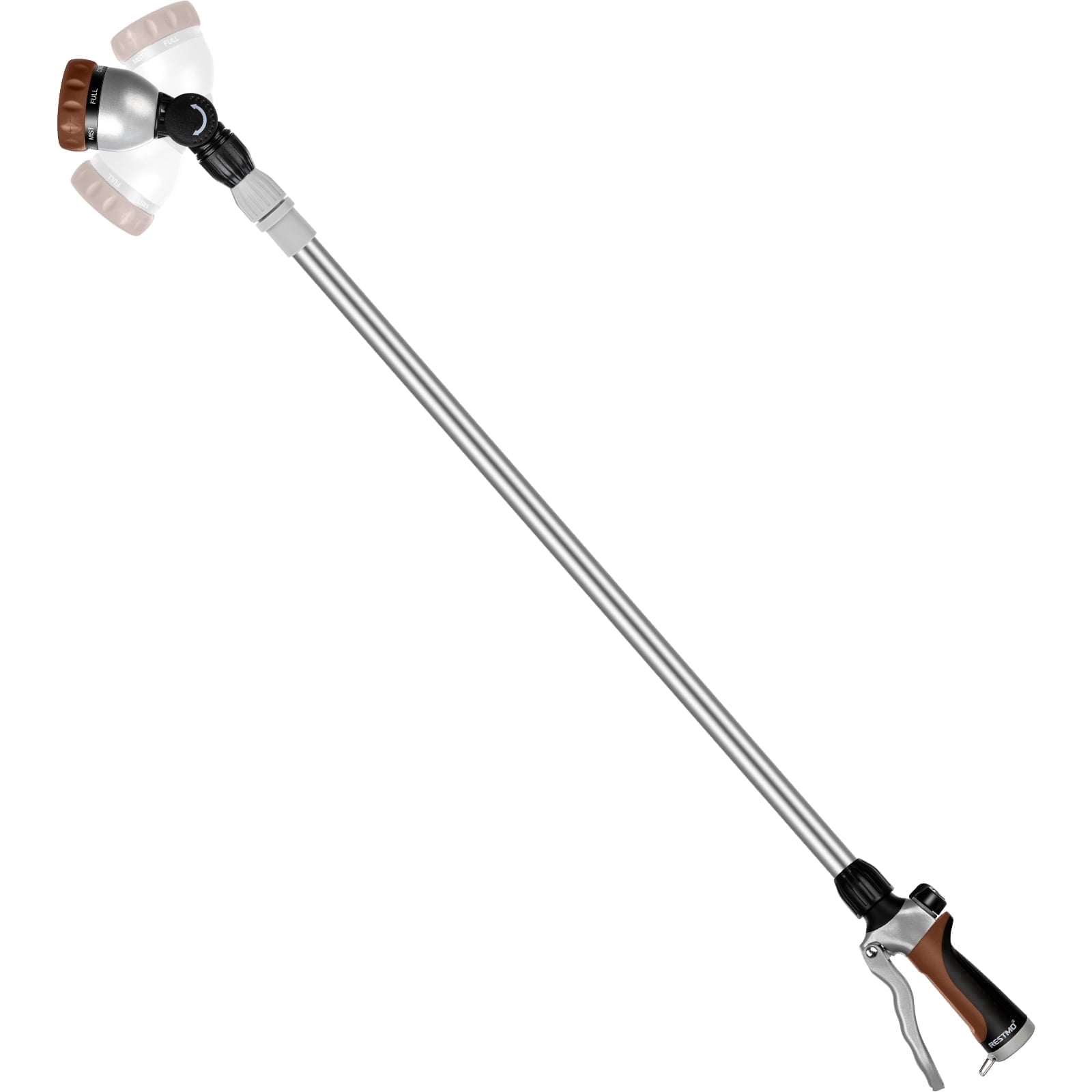 Restmo Telescopic Metal Watering Wand, 36-60 Inch Long Adjustable Tube with 180° Ratcheting Head, 7 Spray Patterns and Flow Control | Garden Hose Sprayer for Hanging Baskets, Shrubs, Lawn, Brown