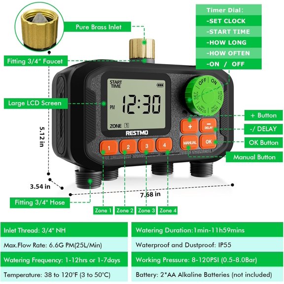 RESTMO 4 Zone Sprinkler Timer with Brass Inlet, Programmable Water Timer for Garden Hose, Automatic Control | Manual ON/Off | Rain Delay for Outdoor Faucet, Drip Irrigation and Lawn Watering System