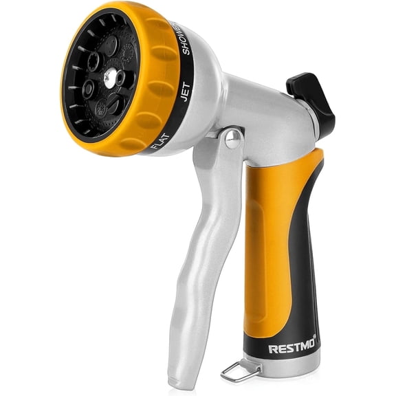 Restmo Garden Hose Nozzle, Heavy Duty Metal Water Hose Nozzle with 7 Adjustable Spray Patterns, High Pressure Hand Sprayer with Flow Control for Watering Plants & Lawns, Washing Cars & Pets, Yellow