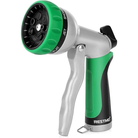 Restmo Garden Hose Nozzle, Heavy Duty Metal Water Hose Nozzle with 7 Adjustable Spray Patterns, High Pressure Hand Sprayer with Flow Control, Green