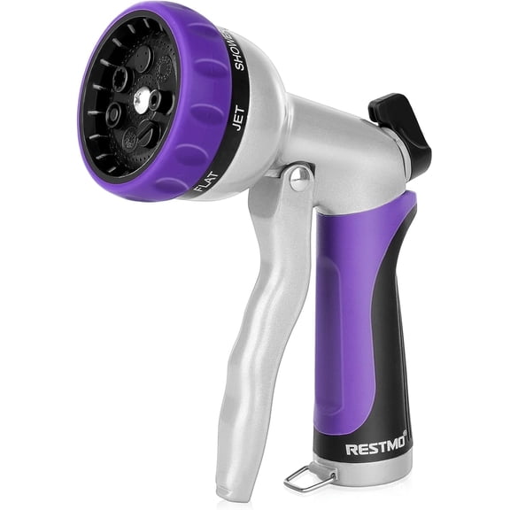 Restmo Garden Hose Nozzle, Heavy Duty Metal Water Hose Nozzle with 7 Adjustable Spray Patterns, High Pressure Hand Sprayer with Flow Control for Watering Plants & Lawns, Washing Cars & Pets, Purple