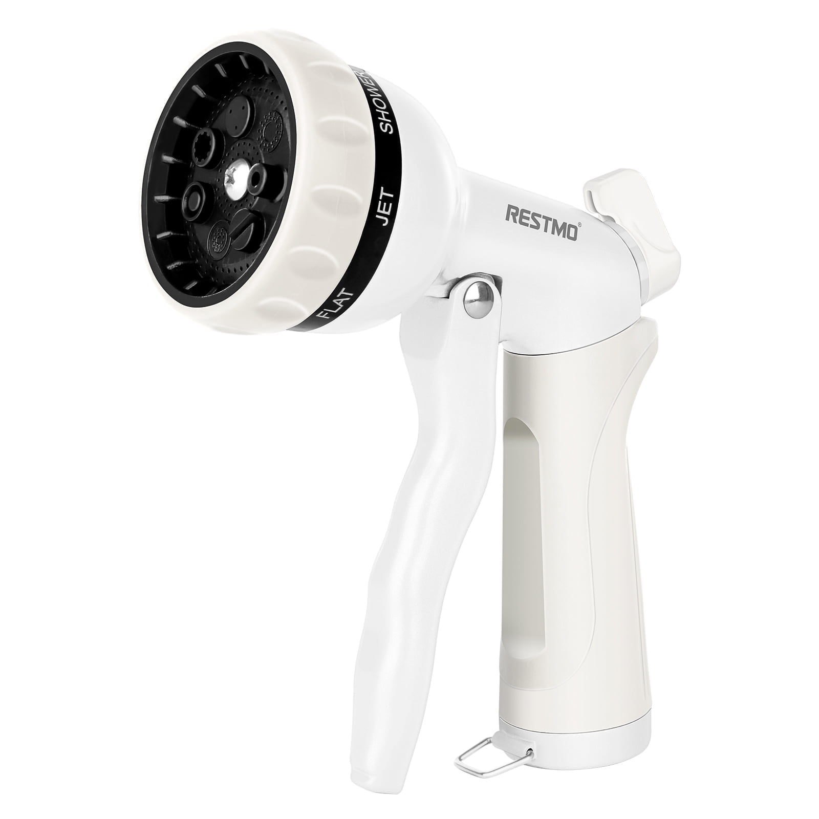 Restmo Garden Hose Nozzle, Heavy Duty Metal Water Nozzle with 7 Adjustable Spray Patterns, High Pressure Hand Sprayer with Flow Control, for Watering Plants & Lawns, Washing Cars & Pets, White