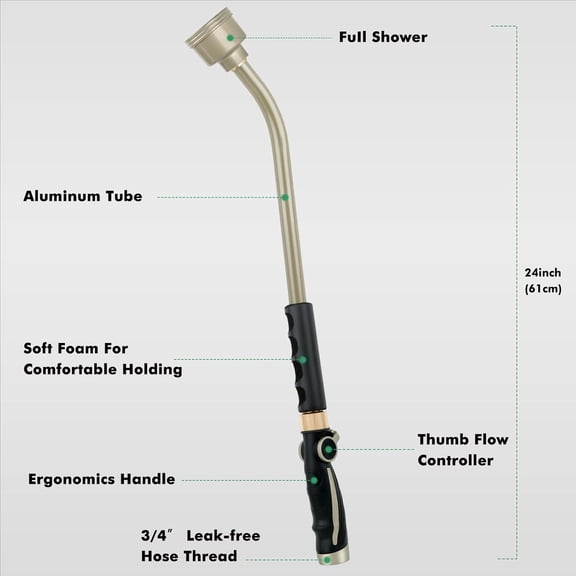 RESTMO Long Watering Wand, 24 Inches Gentle Soft Full Shower Sprayer Wand with Thumb Flow Control, Heavy Duty Metal Hose Wand for Hanging Baskets, Shrubs, Plants, Flowers, Garden and Lawn