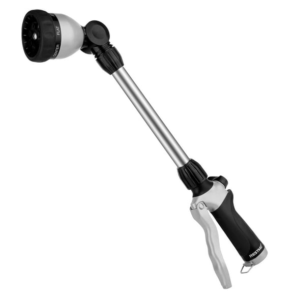 Restmo Metal Watering Wand, Heavy Duty Garden Hose Wand with 180° Swivel Head, 16'' Nozzle, 7 Spray Patterns, Black