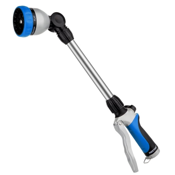 Restmo Metal Watering Wand, Heavy Duty Garden Hose Wand with 180° Swivel Ratcheting Head, 16'' Hose Nozzle Sprayer with 7 Spray Patterns and Flow Control, for Water Hanging Baskets and Shrubs, Blue