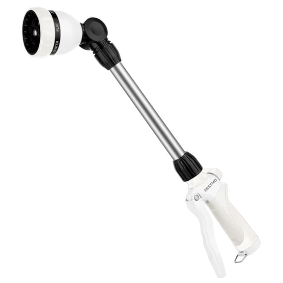 Restmo Metal Watering Wand, 16'' Garden Hose Nozzle Sprayer, 7 Spray Patterns, 180° Swivel Head, Flow Control, White