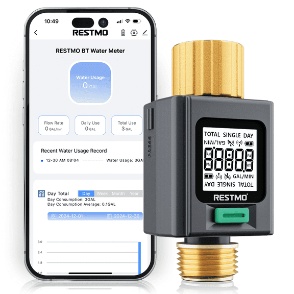 Restmo Smart Water Flow Meter with Screen Backlight, Brass Inlet & Outlet Water Meter, Measuring Gallon/Liter Consumption & Flow Rate for Garden Watering, RV Filling, Sprinklers & Nozzle-APP Control