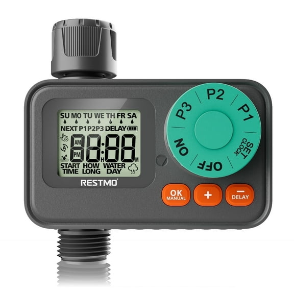 Restmo 7-Day Programmable Sprinkler Timer, Digital Control with Rain Delay for Garden Hose and Lawn Watering