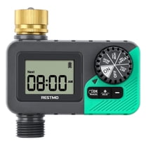 Restmo Sprinkler Timer with Brass Inlet, Programmable Water Timer for Garden Hose, Automatic Digital Control | Manual ON/Off | Rain Delay, for Outdoor Faucet, Drip Irrigation and Lawn Watering System