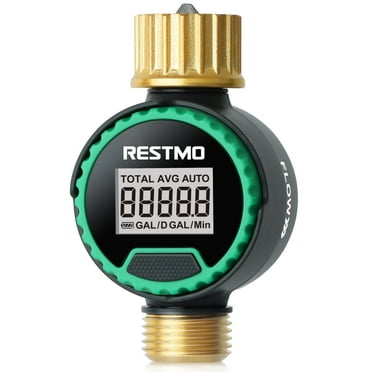Restmo Water Flow Meter, LCD, Measure Gallon/Liter Consumption, Garden Hose, RV Tank, Lawn Sprinkler