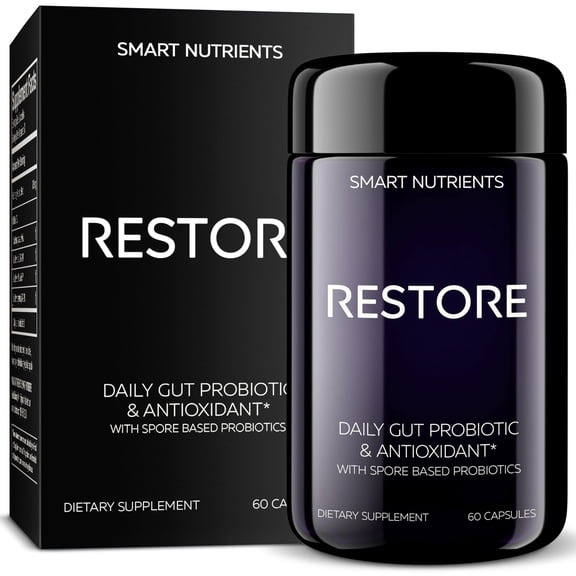 RESTORE Limited Edition Digestive Probiotics & Antioxidant Daily Supplement, Supports IBS & Gut Health, 4 Clinically Proven Strains with 3 Spore-Based Probiotics, 60 Capsules, 30 Day Supply, 1 Pack
