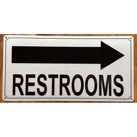 RESTROOM WITH ARROW SIGN, WHITE,REFLECTIVE, ALUMINIUM-RUST FREE, SIZE 6X12 INCH, COMMERCIAL USE (RESTROOM RIGHT ARROW)
