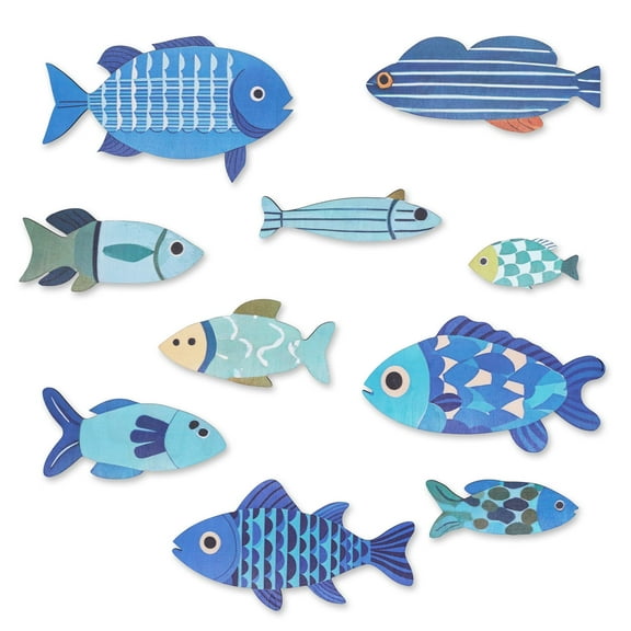 RETON 10 PCS Wooden Fish Decor, Hand Carved Wood Fish Wall Art for Living Room, Bedroom, Office - Rustic Home Decoration