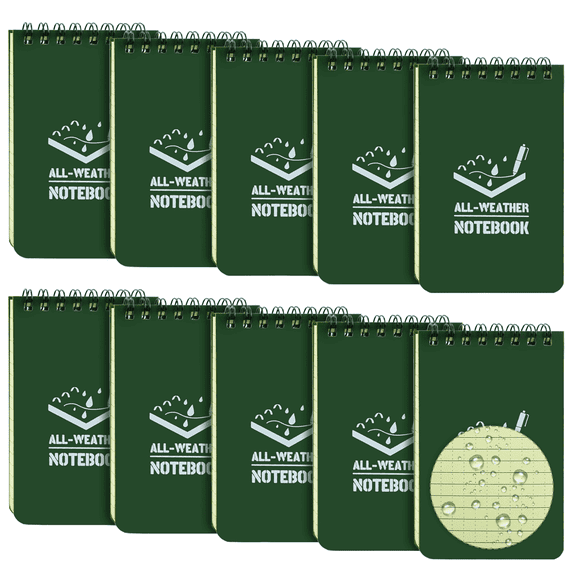 RETON 10PCS Waterproof Notebook, All Weather Waterproof Tactical Resistant Spiral Note Books, 3" x 5" Pocket Notepad Memo Notes Green Grid Paper for Home Outdoor Activities Recording(green)