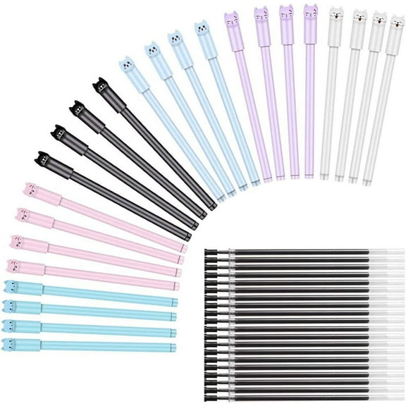 RETON 24PCS Cute Cat Gel Pens Black Ball Point Pens, Ballpoint Pens Set with 20PCS Gel Black Ink Replace Refill, 0.5mm Gel Ink Rollerball Pens for Office Supplies