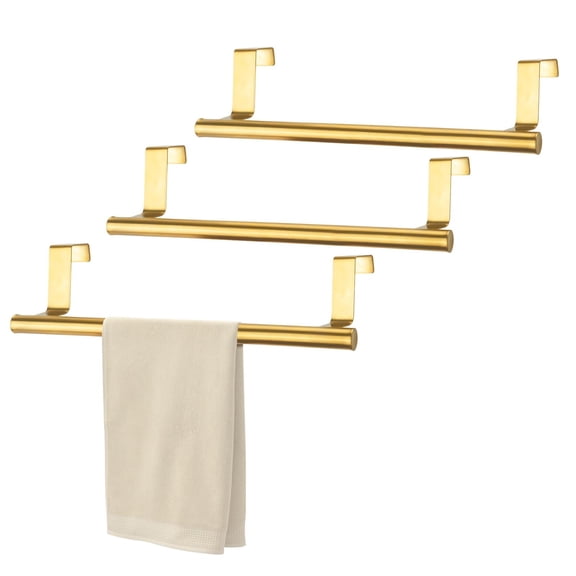 JINYINGHOD 3Pcs Over Door Towel Rack, 9 Inch Stainless Steel Cabinet Towel Hanger Towel Bar Holders, Gold Kitchen Towel Holder with Anti-Slip Pads