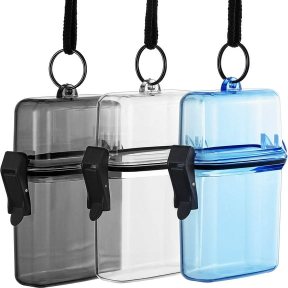 RETON 3 Pieces Waterproof Case ID Card Badge Holder with Floating Sports Case Locker with Hanging Ring and Rope 4.72 x 2.95 x 1.57 Inches (Clear, Gray, Blue)