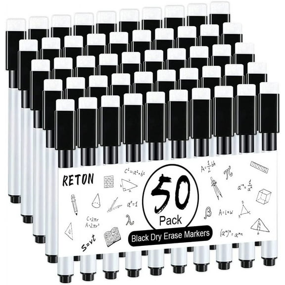 RETON 50 Pcs Whiteboard Pens with Eraser Cap, 4.4 in Min Rewritable Magnetic Dry Erase Markers Pens for Classroom, Office, Hospital, Home and Factory (50 Pcs, Black)