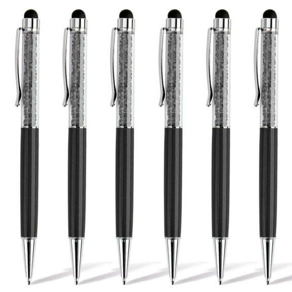 RETON 6 Piece 2-in-1 Pen Ballpoint Pen, Black Ink, Retractable Crystal Diamond Touch Screen Device, Bling Capacitive Pens for Smartphones, Note, Tab (Black Shell)
