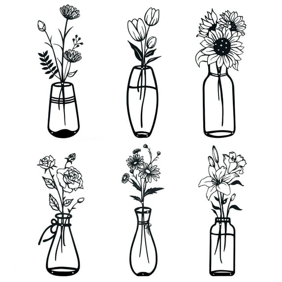 RETON 6 Pieces Black Metal Flowers Wall Decor Meta Vase Wall Art Wall Sculptures Hanging Minimalist Natural Themed for Kitchen Bathroom Bedroom Living Room Indoor