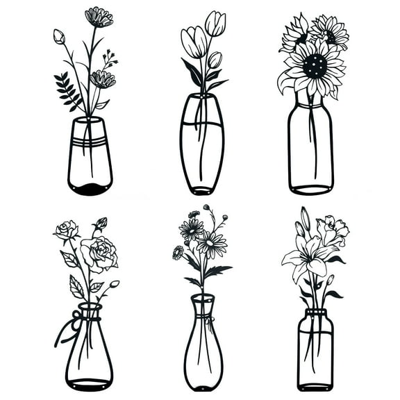 RETON 6 Pieces Black Metal Flowers Wall Decor Meta Vase Wall Art Wall Sculptures Hanging Minimalist Natural Themed for Kitchen Bathroom Bedroom Living Room Indoor