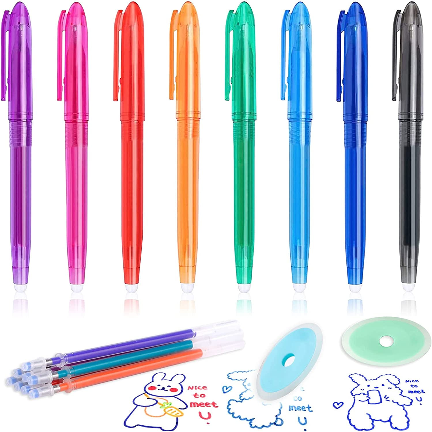 RETON 8Pcs Retractable Erasable Gel Pens Clicker  with 8 Refills and 2 Erasers, Quick-drying Liquid Writing Pens Fine Point 0.5mm, Assorted Color Inks for Drawing Writing