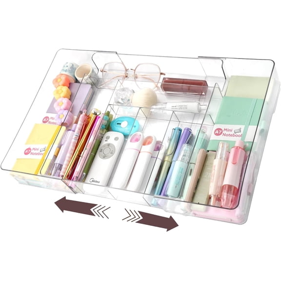 RETON Acrylic Expandable Drawer Organizer, Clear Makeup Vanity Dividers Trays with 8 Compartment, Versatile Desk Accessories Storage for Office Supplies Junk Silverware, (10.6"-16.9") x 10.6" x 2.3"