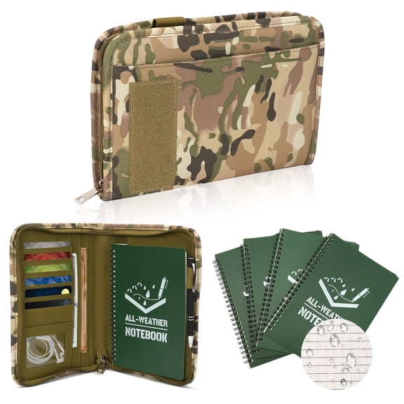 RETON All-Weather Tactical Notebook Kit - 5 Pack Waterproof Notebooks + Camo Case + Pen | Military Grade Outdoor EDC Notebook for Camping Hiking Work (Water/Sweat/Mud Resistant)