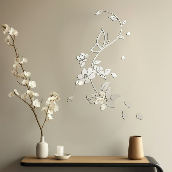 RETON Butterfly Acrylic Mirror Stickers ,Butterfly Acrylic Wall Stickers,DIY Flower Stickers for Office Bedroom Living Room Classroom Window Door Wall Background Removable (Silver)