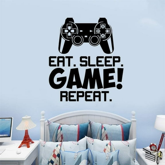 RETON Game Wall Stickers, Eat Sleep Game Repeat Controller Gaming Quotes for Boys Men, Game Wall Art Decals Playroom Home Decor,Gamer Sticker