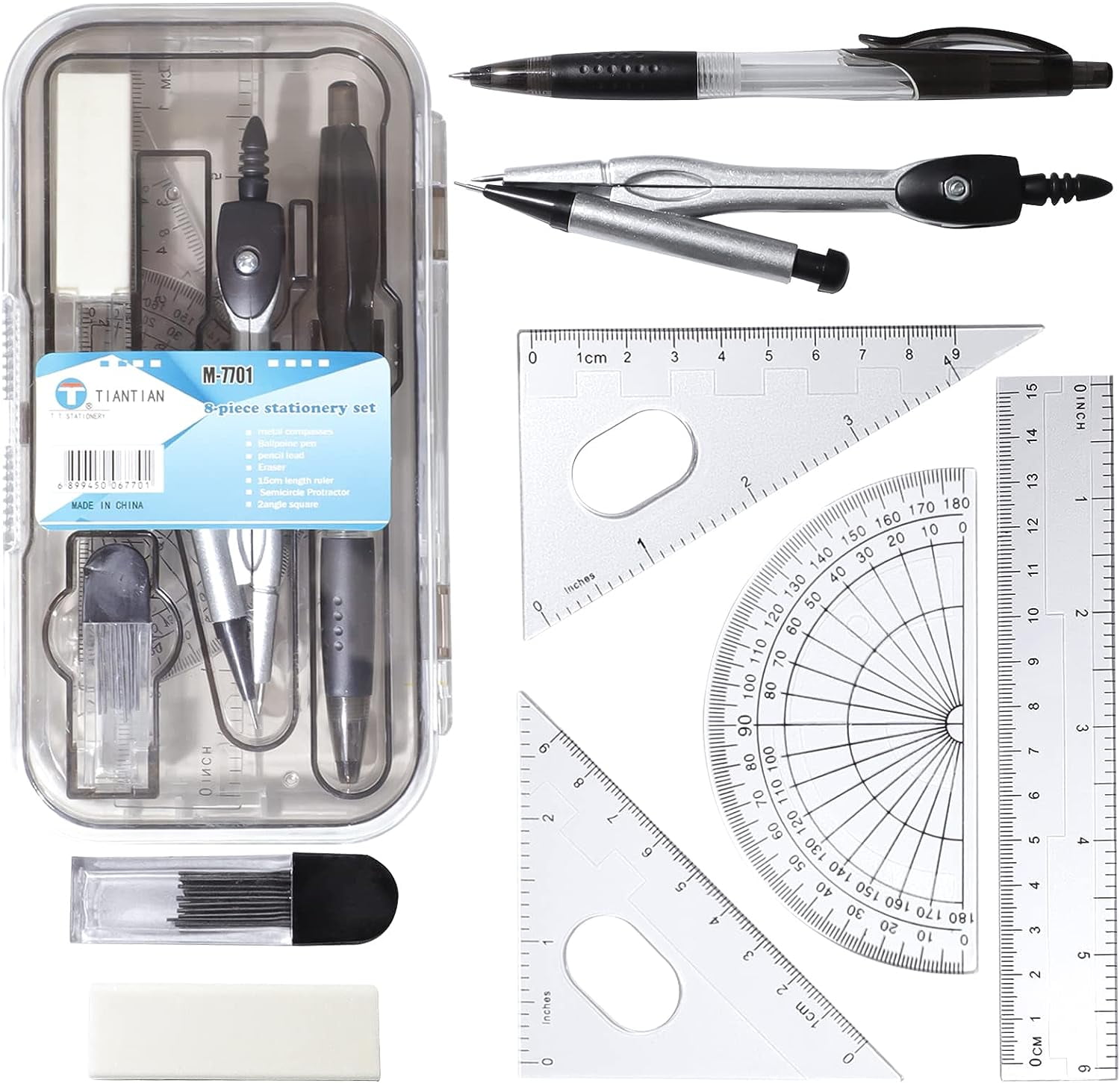 RETON Maths Set - Compass and Protractor Set Geometry Compass School Supplies Set - Drawing Compass Protractor Pencil Pencil Refill Eraser Ruler Set in Carry Case