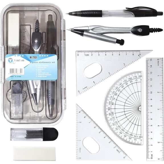 RETON Maths Set - Compass and Protractor Set Geometry Compass Supplies Set - Drawing Compass Protractor Pencil Pencil Refill Eraser Ruler Set in Carry Case