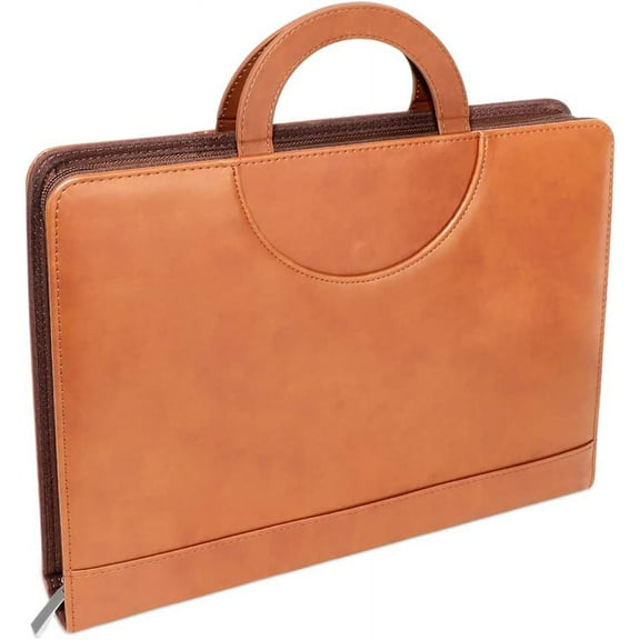 RETON Portfolio Leather Portable Briefcase A4 PU Leather Zipper Binders, Brown