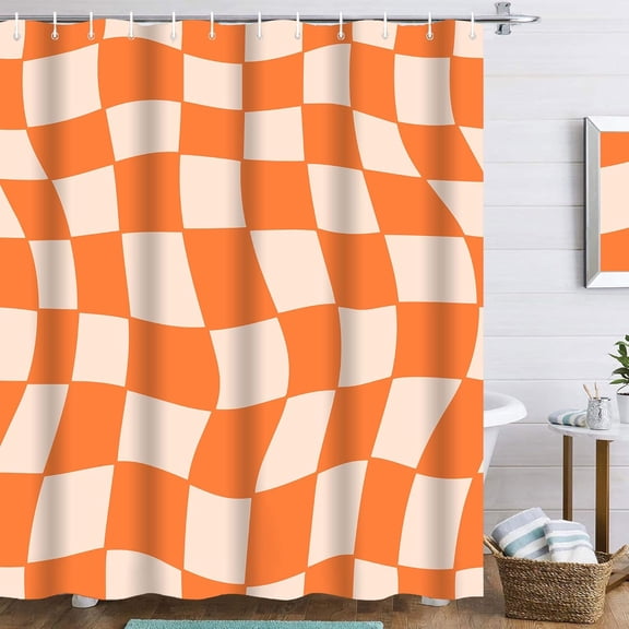 RETR 70s Checkered Shower Curtain 72Wx72L Inch Orange Vintage 60s Groovy Plaid Aesthetic Funky Flag Hippie Abstract Grid Waterproof Fabric 12 Hooks