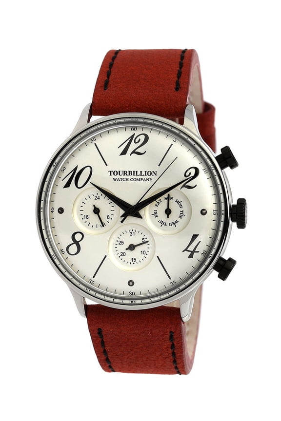 RETRO COLLECTION WATCH SILVER CASE SILVER DIAL WITH NUMBER & INDEX AND RED/BROWN GENUINE LEATHER STRAP