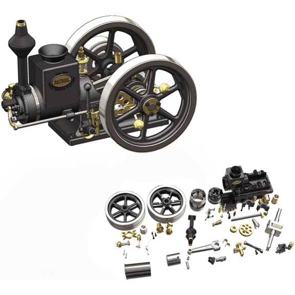 RETROL HM-01 Hit and Miss Engine Model That Works 4- Stroke Horizontal Stationary Internal Combustion Engine with High and Low Speed Shift Lever STEM Science Kit -(Black/ KIT Version)