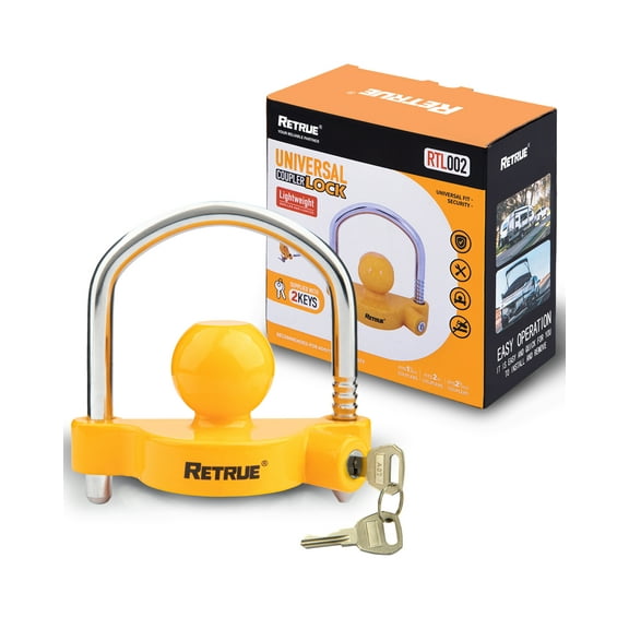 RETRUE Universal Coupler Lock Trailer Locks Ball Hitch Trailer Hitch Lock Adjustable Security Heavy-Duty Steel fits 1-7/8 Inch, 2 Inch, 2-5/16 Inch Couplers, Yellow, Lightweight